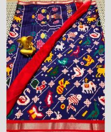 navy blue colour mangalagiri pattu sarees with All over Printed design