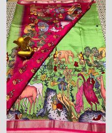 light green colour mangalagiri pattu sarees with All over Printed design