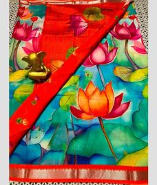 blue and red colour mangalagiri pattu sarees with All over Printed design