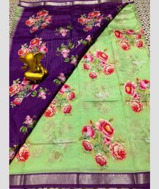 light green and purple colour mangalagiri pattu sarees with All over Printed design