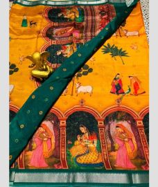 orange colour mangalagiri pattu sarees with All over Printed design