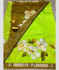 green colour mangalagiri pattu sarees with All over Printed design