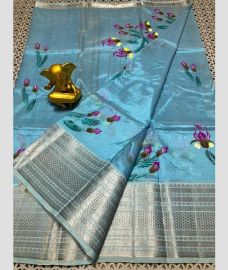 blue colour mangalagiri pattu sarees with Kanchi Border design