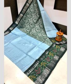 blue and silver colour mangalagiri pattu sarees with Pochampally Border design