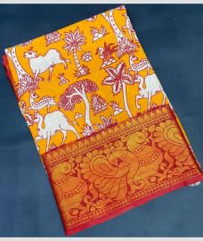 yellow and brown colour mangalagiri pattu sarees with Kanchi Border design