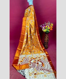 brown and gray colour mangalagiri pattu sarees with Kanchi Border design