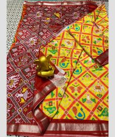 yellow and maroon red colour mangalagiri pattu sarees with All over Printed design