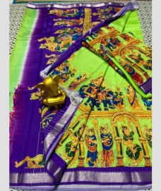 olive green colour mangalagiri pattu sarees with All over Printed design