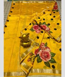 yellow colour mangalagiri pattu sarees with All over Printed design