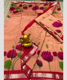 light peach colour mangalagiri pattu sarees with All over Printed design