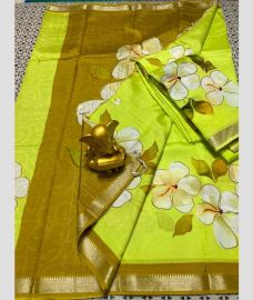 green colour mangalagiri pattu sarees with All over Printed design