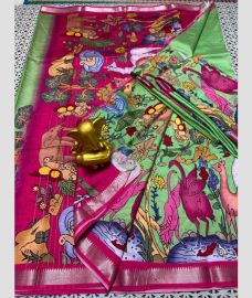 green and purple colour mangalagiri pattu sarees with All over Printed design