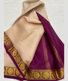cream and purple colour mysore silk sarees with Plain design