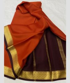 orange and purple colour mysore silk sarees with Plain design