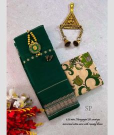 Dark Teal and Cream narayanapet cotton sarees with Jari Border design
