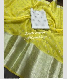Lemon Yellow and White organza sarees with All over Embroidary design
