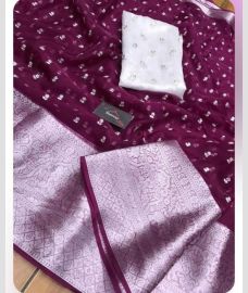 Plum Velvet and White organza sarees with All over Embroidary design