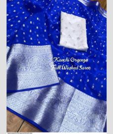Royal Blue and White organza sarees with All over Embroidary design
