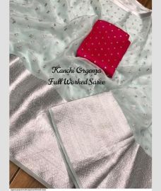 Cream and Red organza sarees with All over Embroidary design
