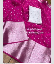 Hot Pink and White organza sarees with All over Embroidary design