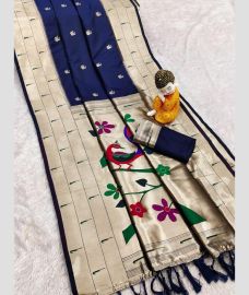 Navy Blue and Cream paithani sarees with All over Buttas design