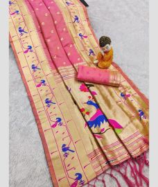 Rose Pink and Lite Golden paithani sarees with All over Buttas design
