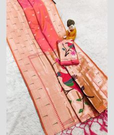 Coral Pink and Orange paithani sarees with All over Buttas design