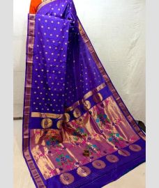 blue colour paithani sarees with All over design