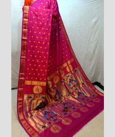 rani pink colour paithani sarees with All over design
