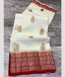 White with Red Border color Banarasi Silk handloom saree with kadiyal kora silk saree design