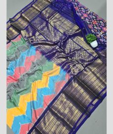 Fern Green and Navy Blue pochampally ikkat pure silk sarees with Kanchi Border design