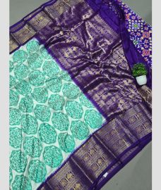 Aquamarine and Navy Blue pochampally ikkat pure silk sarees with Kanchi Border design