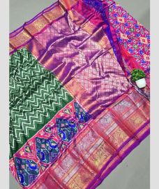 Green and Magenta pochampally ikkat pure silk sarees with Kanchi Border design