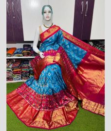 Blue and Crimson pochampally ikkat pure silk sarees with Kanchi Border design