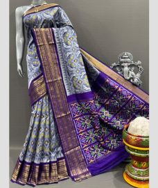 Lite Grey and Purple pochampally ikkat pure silk sarees with Kanchi Border design