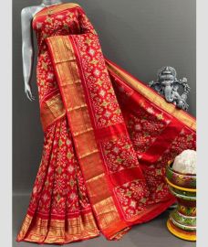 Crimson and Golden pochampally ikkat pure silk sarees with Kanchi Border design