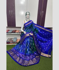 navy blue colour pochampally ikkat pure silk sarees with All over Printed design