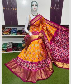 coral colour pochampally ikkat pure silk sarees with All over Printed design