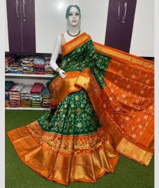 orange and green colour pochampally ikkat pure silk sarees with All over Printed design