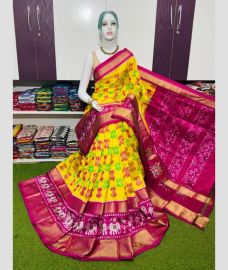 orange and magenta colour pochampally ikkat pure silk sarees with Pochampally Border design