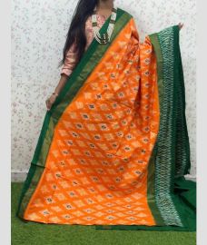 orange colour pochampally ikkat pure silk sarees with All over design