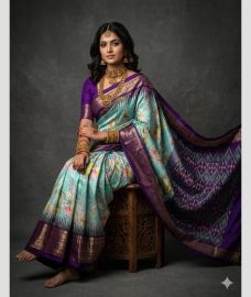 blue colour pochampally ikkat pure silk sarees with All over Printed design