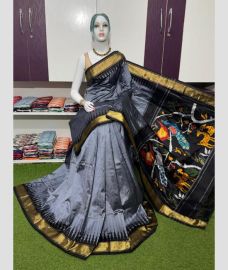 gray colour pochampally ikkat pure silk sarees with All over Pochampally ikkat design