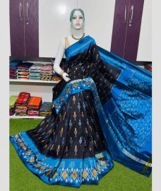 charcoal and blue colour pochampally ikkat pure silk sarees with All over Buttas design