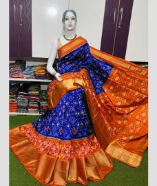 blue and brown colour pochampally ikkat pure silk sarees with All over Printed design