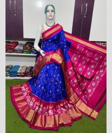 blue and magenta colour pochampally ikkat pure silk sarees with All over Printed design