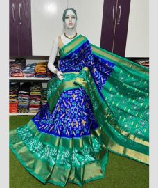 blue and green colour pochampally ikkat pure silk sarees with All over Printed design
