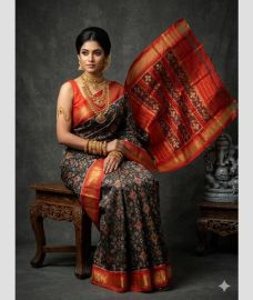 coffee and red colour pochampally ikkat pure silk sarees with All over design