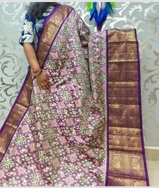 grey colour pochampally ikkat pure silk sarees with Kanchi Border design