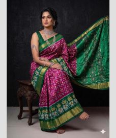 green and purple colour pochampally ikkat pure silk sarees with All over design